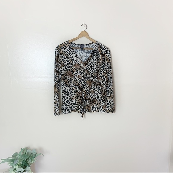 [Clara Sun Woo] Animal Print Long Sleeve V-neck Ruffle Top - Picture 1 of 7